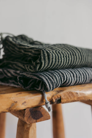 Stack of folded dark gray and black striped towels on a wooden stool against a light background