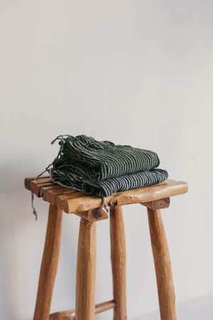 Stack of folded clothes on a wooden stool against a plain background