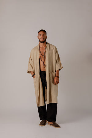 Men's long khaki linen kimono cover up with relaxed silhouette.