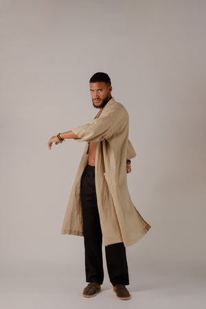 Men's long khaki linen kimono cover up with relaxed silhouette.