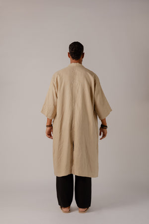 Long minimalist linen kimono for men in breathable natural fabric.