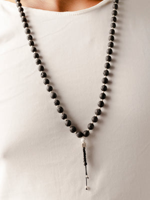 Mala beads necklace with Lava stone, Howlita and Silver