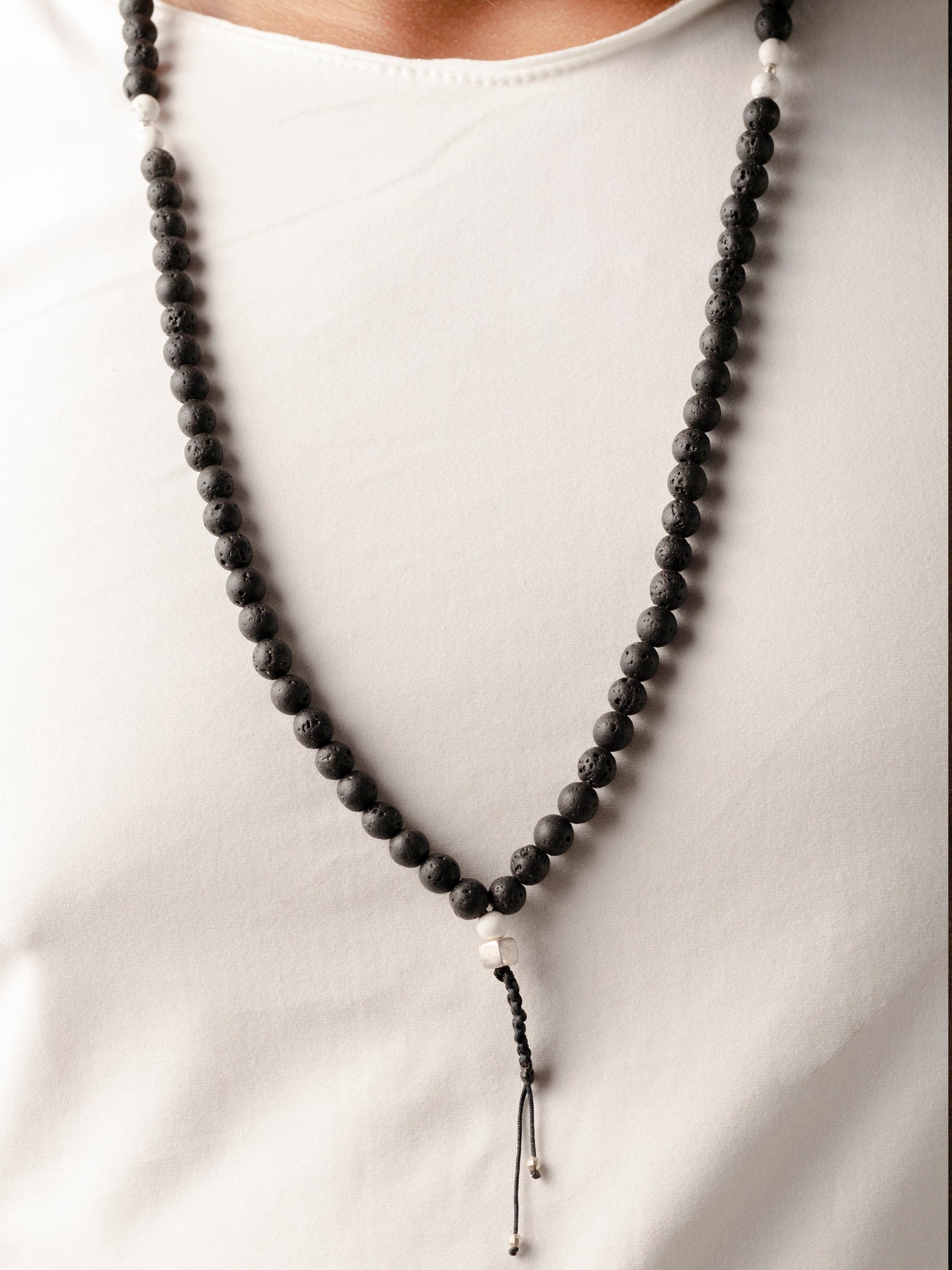 Mala beads necklace with Lava stone and Howlita