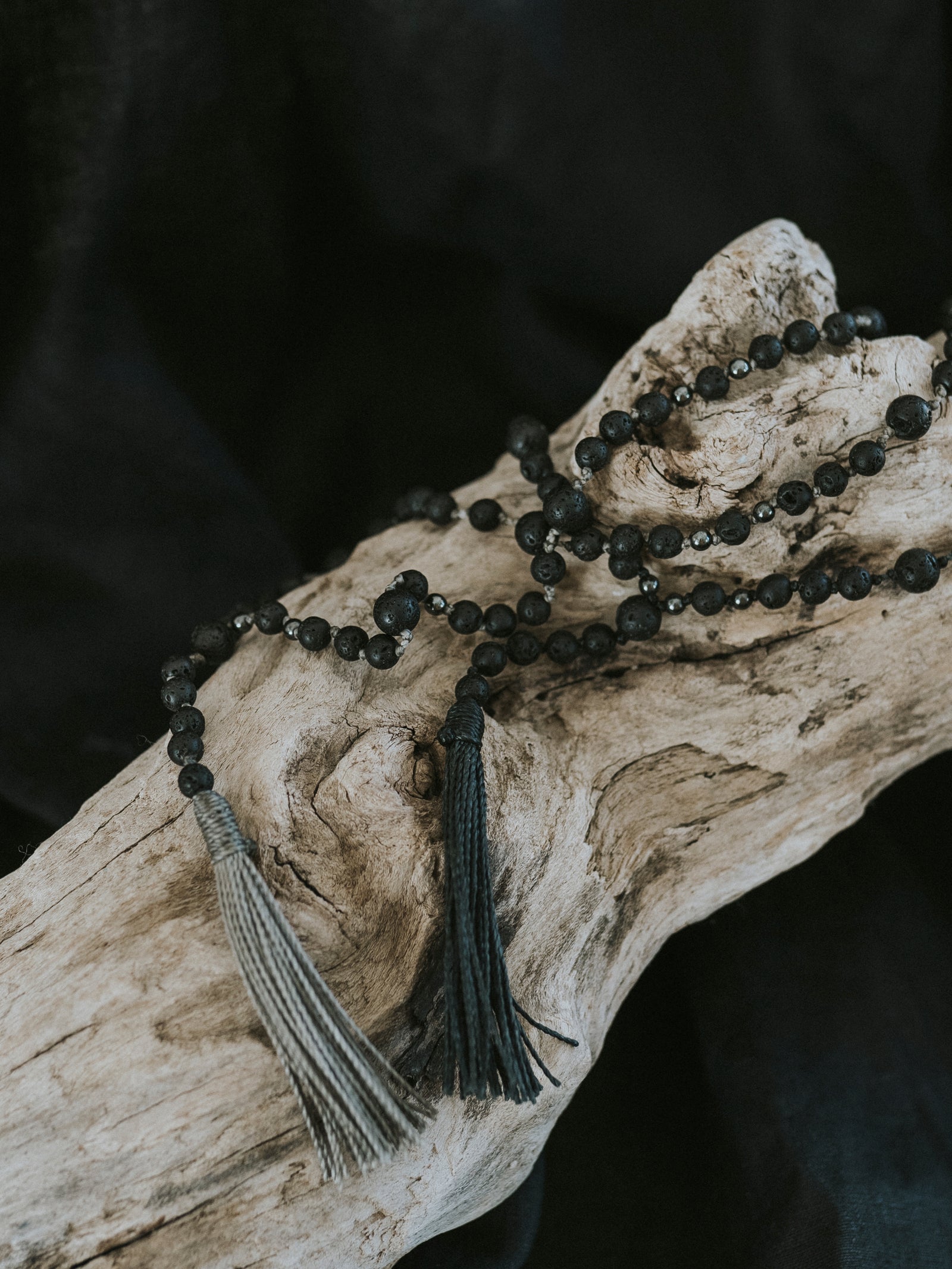 Mala beads necklace with Lava stone | waxed finish
