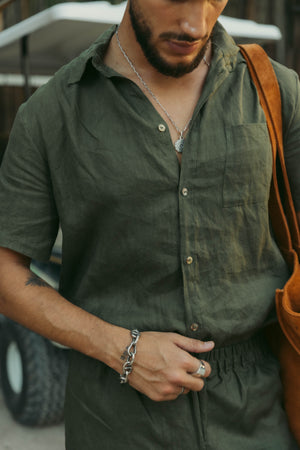 Classic olive short sleeve linen shirt for men made from natural linen.
