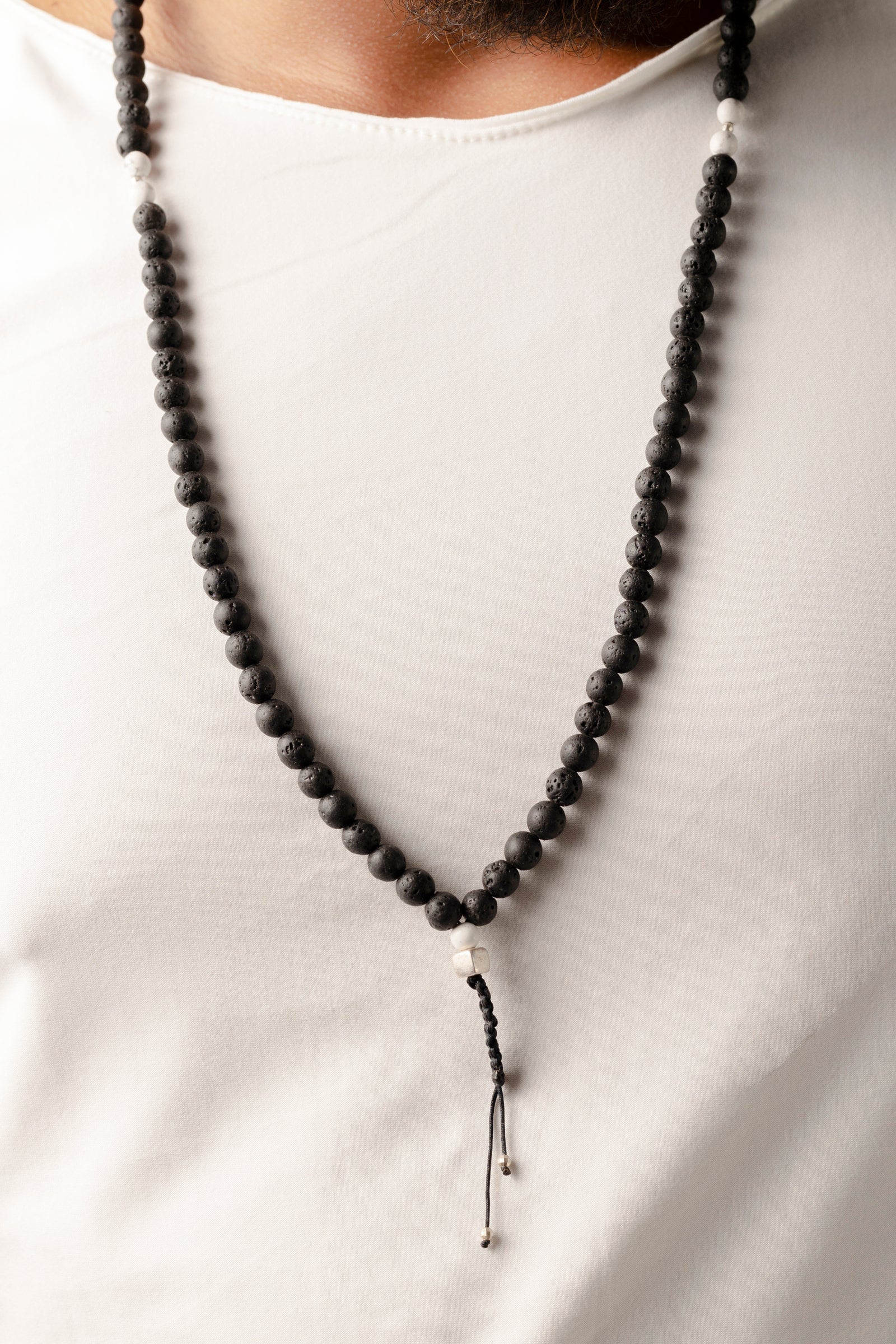 Mala beads necklace with Lava stone and Howlita