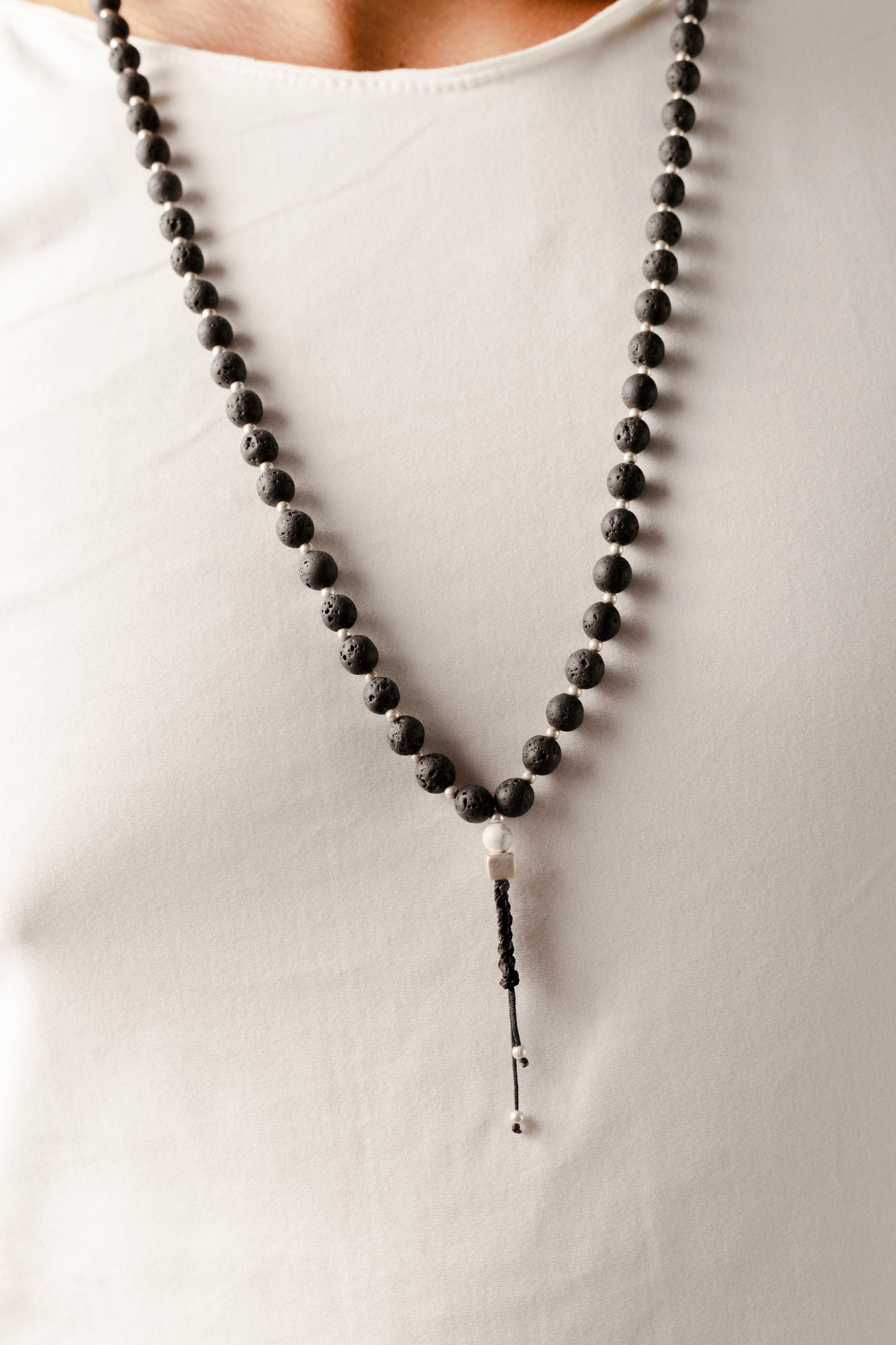Mala beads necklace with Lava stone, Howlita and Silver