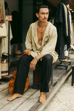 Khaki men's short linen kimono cover up with relaxed fit and minimalist design.