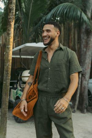 Relaxed fit men's linen pants with an elastic waist crafted from 100% natural linen.