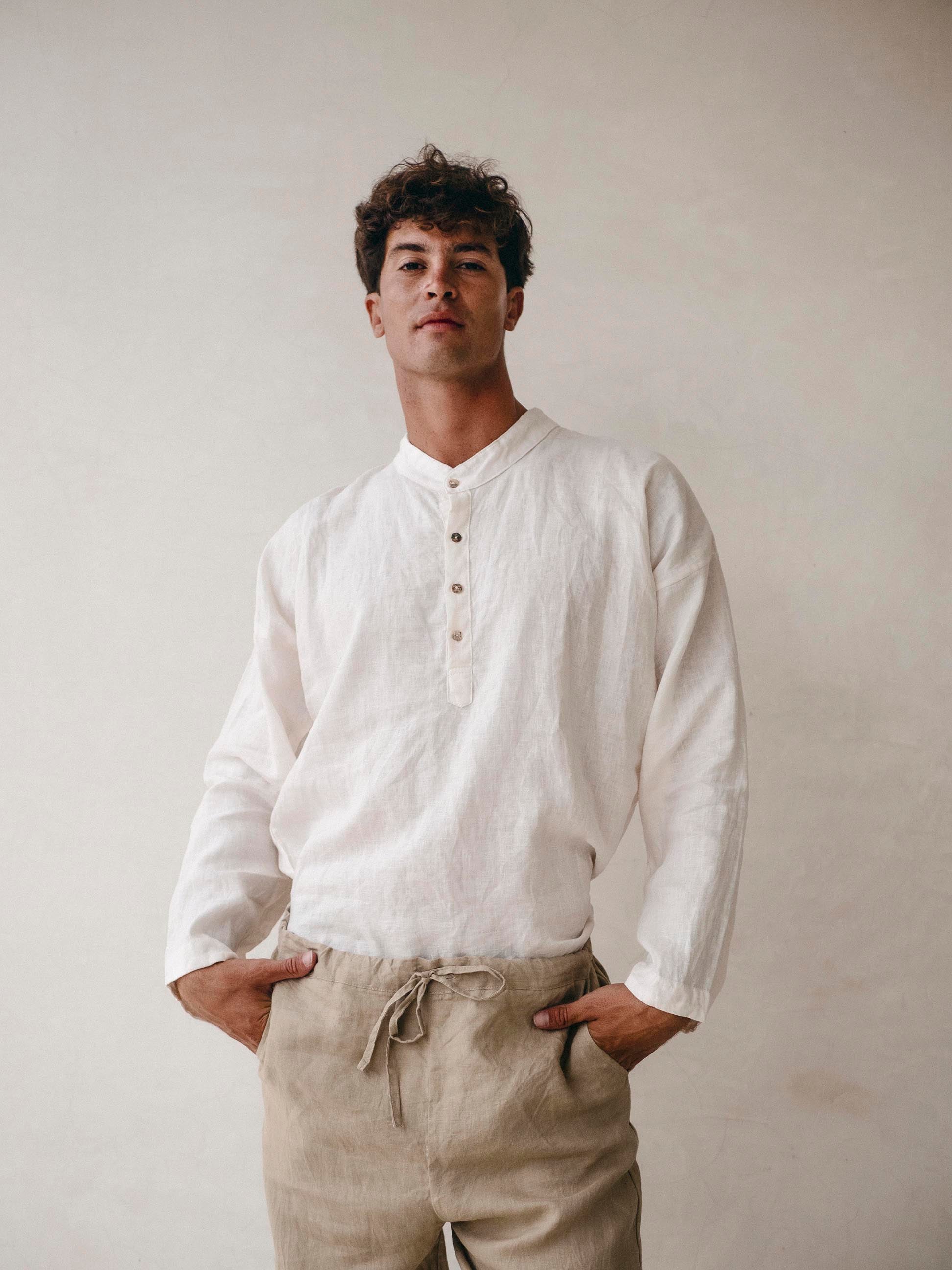 Men's linen shirt, casual loose shirt mandarin collar - In the Middle Tulum Men's linen shirt, casual loose shirt mandarin collar - In the Middle Tulum