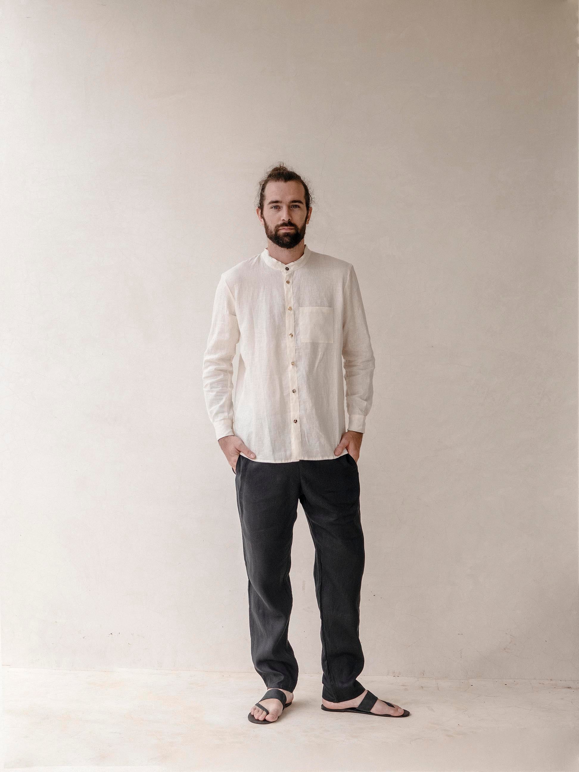 Men's Linen Mandarin Collar Shirt, long sleeves︱ - In the Middle