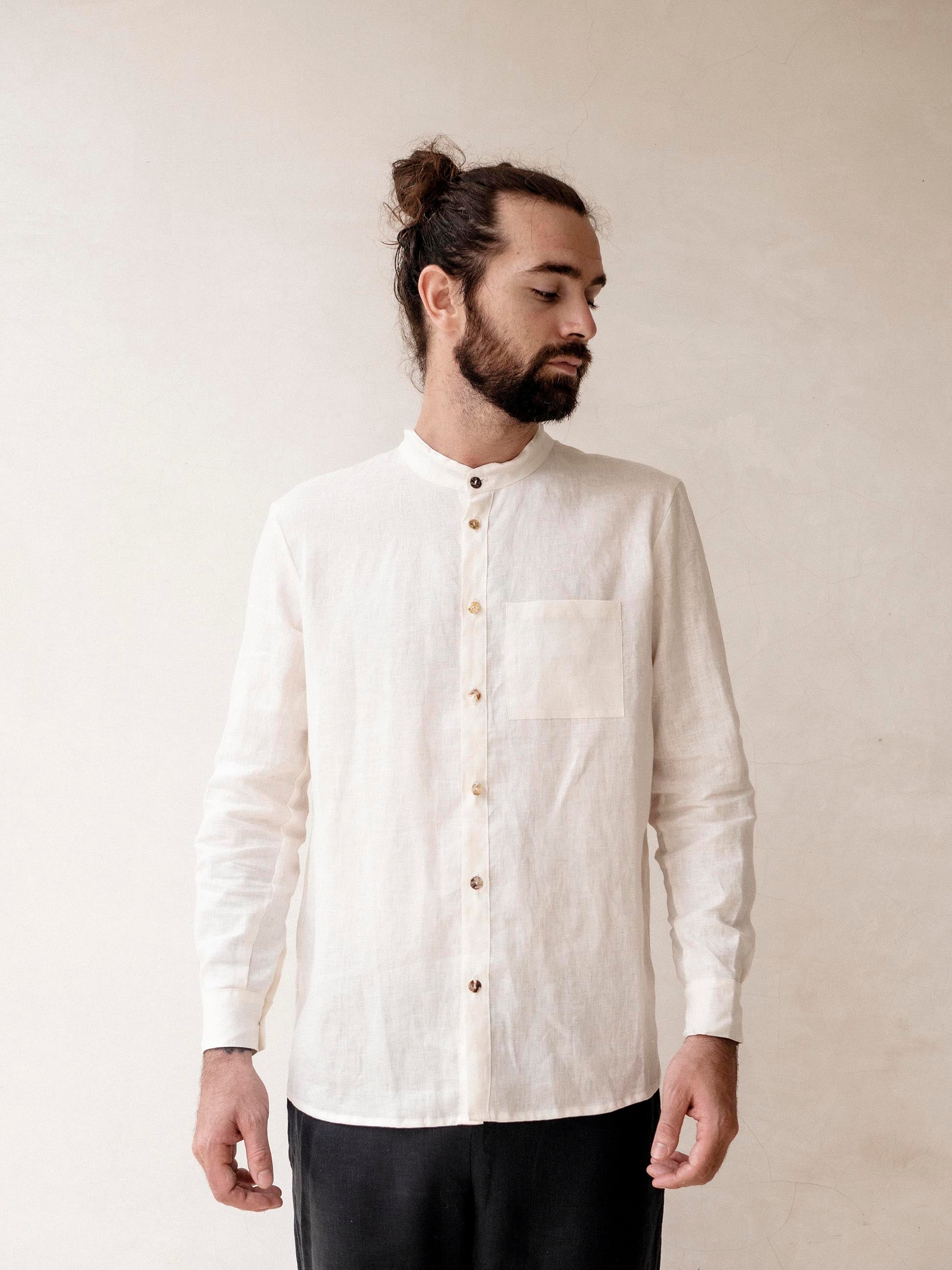 Men's Linen Mandarin Collar Shirt, long sleeves︱ - In the Middle Tulum