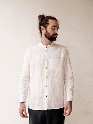 Men's Linen Mandarin Collar Shirt, long sleeves︱