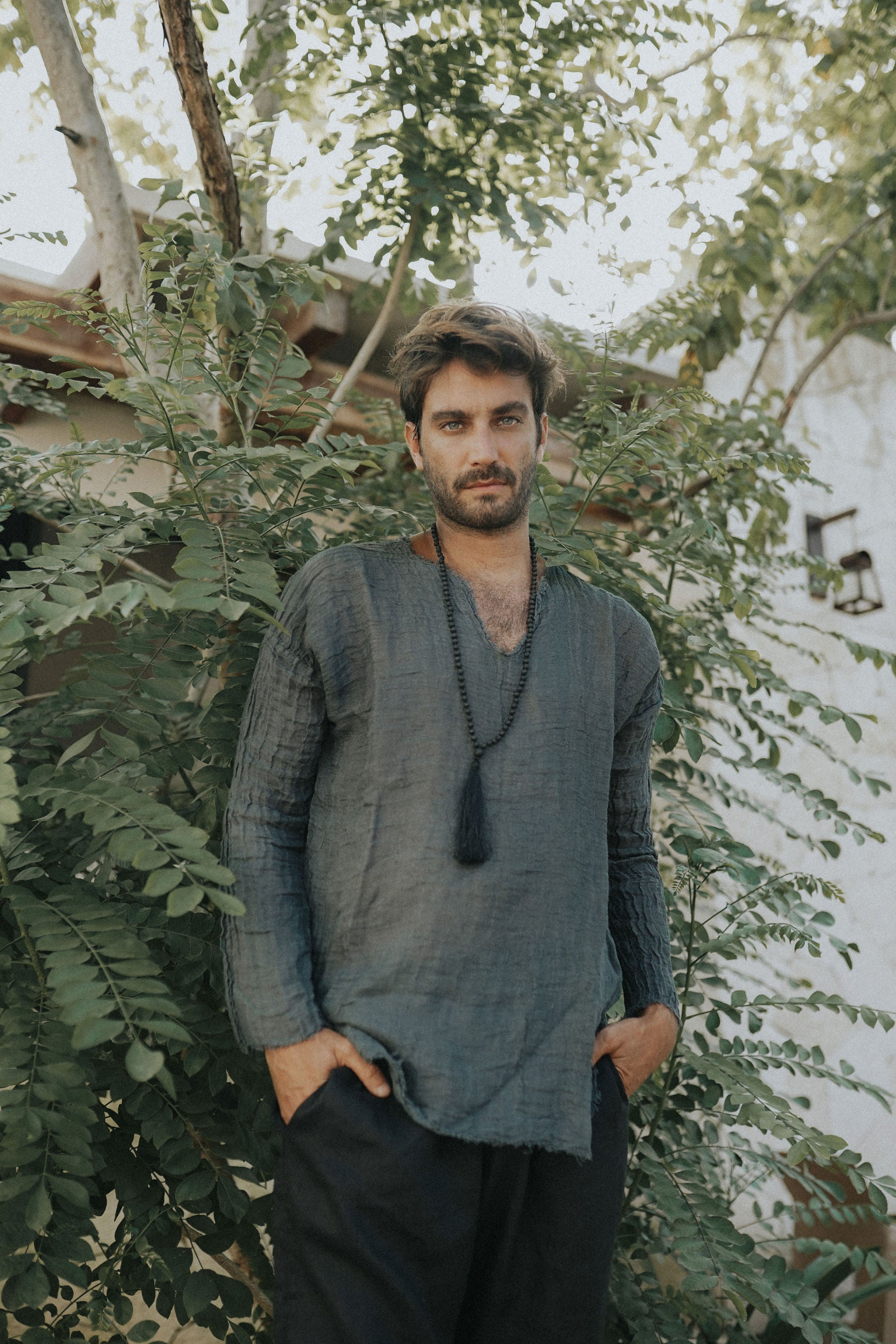 Men'sLoose fit, Raw linen V-neck Shirt︱ Men'sLoose fit, Raw linen V-neck Shirt︱