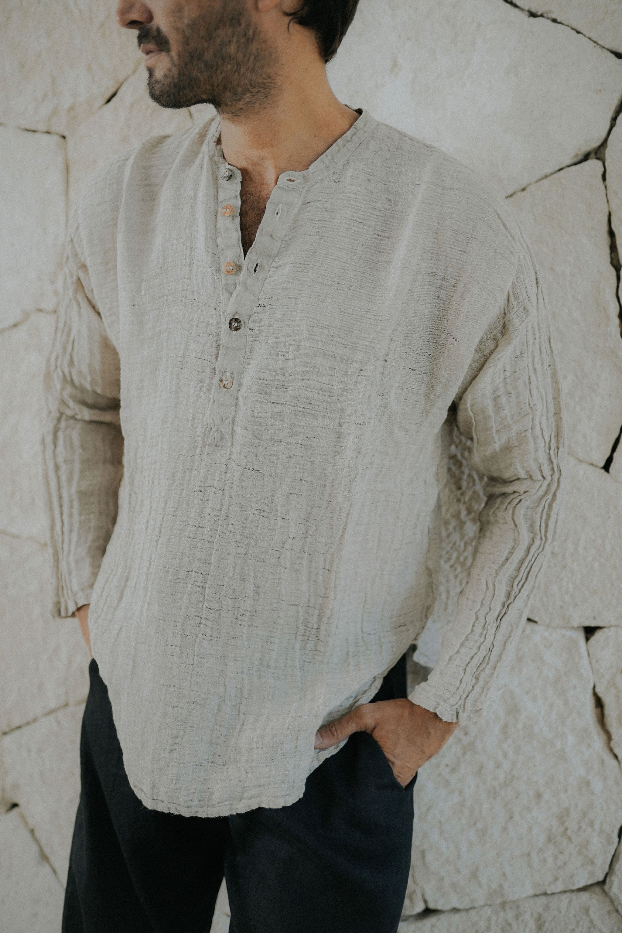 Men's Loose fit Raw Linen shirt with buttoned collar - In the Middle Tulum Men's Loose fit Raw Linen shirt with buttoned collar - In the Middle Tulum