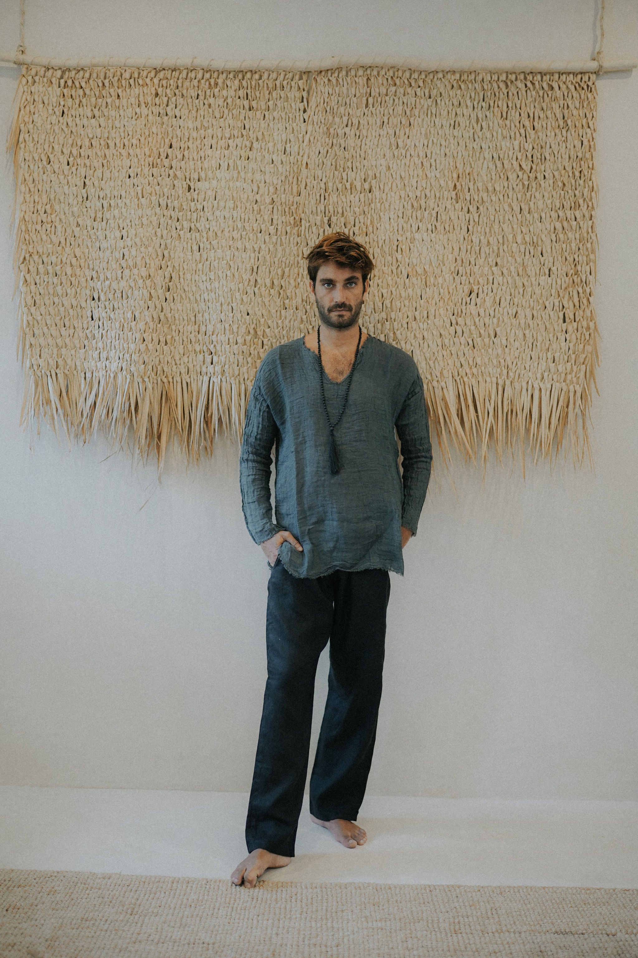 Men'sLoose fit, Raw linen V-neck Shirt︱ - In the Middle Tulum