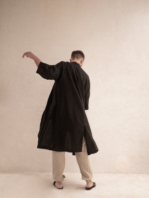 Long minimalist linen kimono for men in breathable natural fabric.