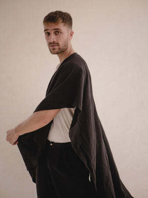 Natural linen ruana for men with timeless resort style.
