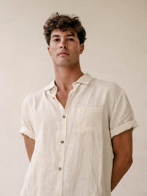 White classic short sleeve linen button-down shirt for men.