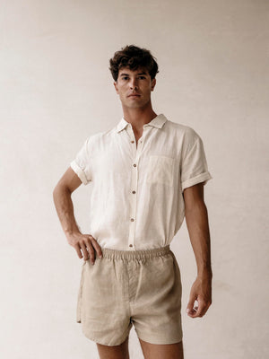 White classic short sleeve linen button-down shirt for men.