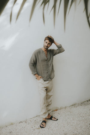 Relaxed men's collarless shirt made from textured Italian raw linen.