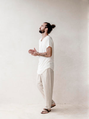 Men's white bamboo blend crew neck T-shirt made from breathable bamboo and cotton fabric.