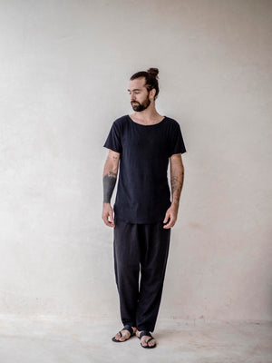 Men's black bamboo blend crew neck T-shirt made from breathable bamboo and cotton fabric.