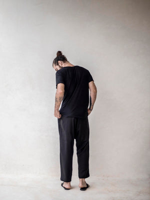 Men's black bamboo blend crew neck T-shirt made from breathable bamboo and cotton fabric.