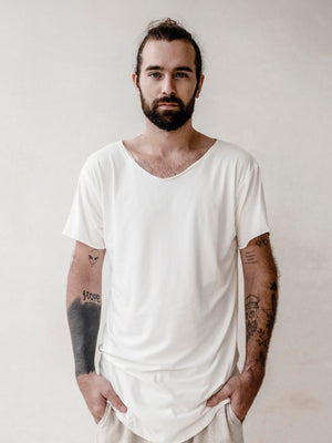 Men's white bamboo blend crew neck T-shirt made from breathable bamboo and cotton fabric.